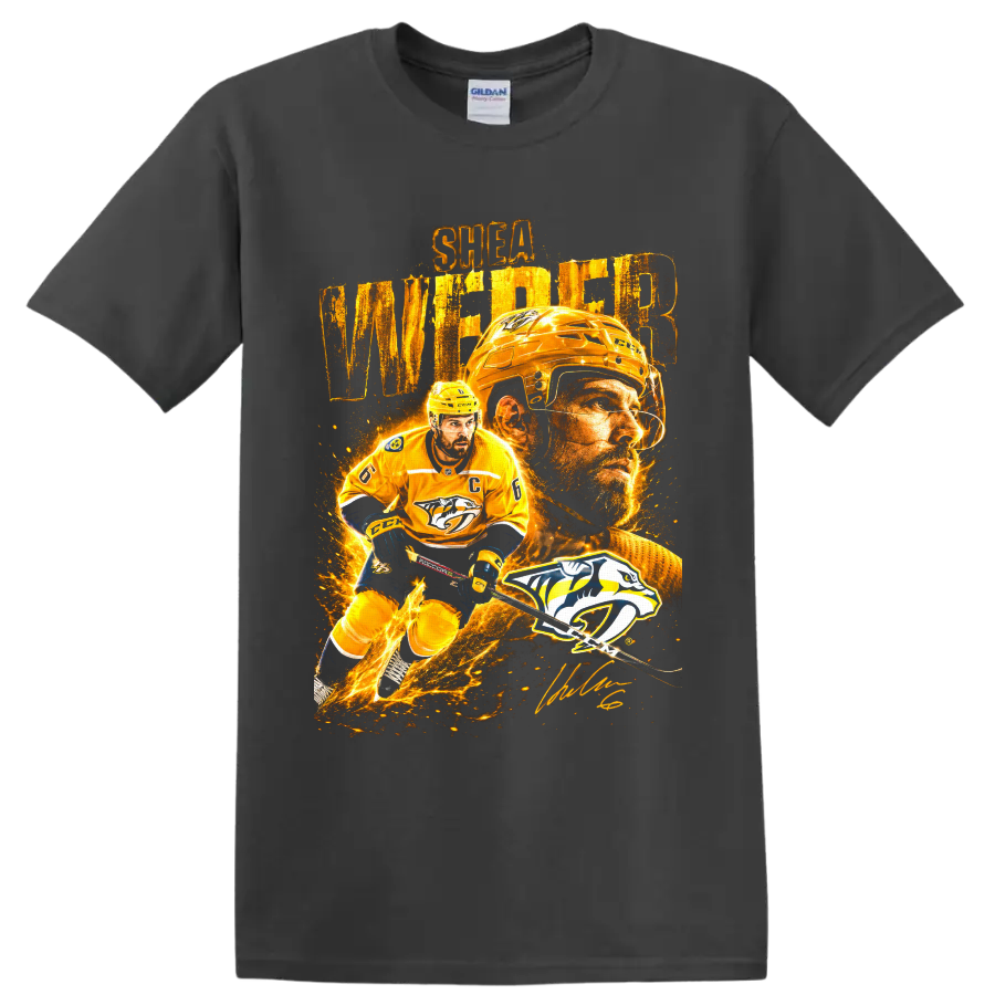 Shea Weber Nashville Predators hockey collage with player portrait, action pose, and team on a Charcoal T Shirt