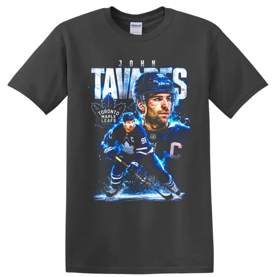 John Tavares Toronto Maple Leafs captain hockey collage with icy blue action art on a Charcoal T Shirt