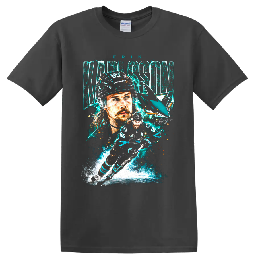 Erik Karlsson No. 65 San Jose Sharks hockey portrait and action collage graphic on a Charcoal T Shirt