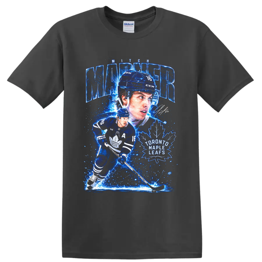 Mitch Marner Toronto Maple Leafs electric-blue hockey action graphic with number 16 on a Charcoal T Shirt