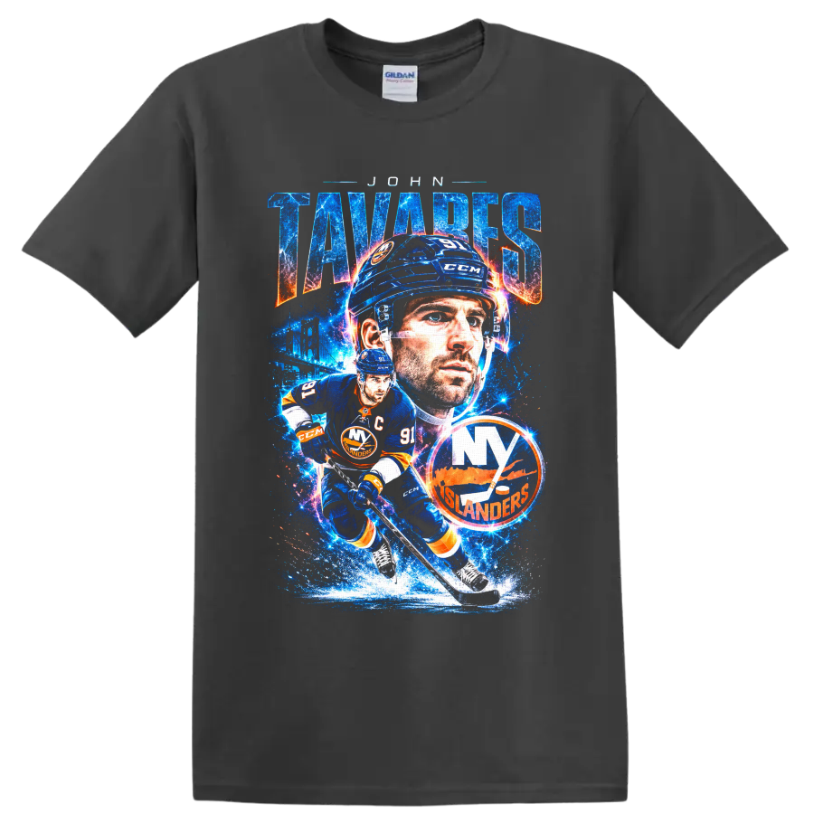 John Tavares New York Islanders cosmic hockey collage with number 91 on a Charcoal T Shirt