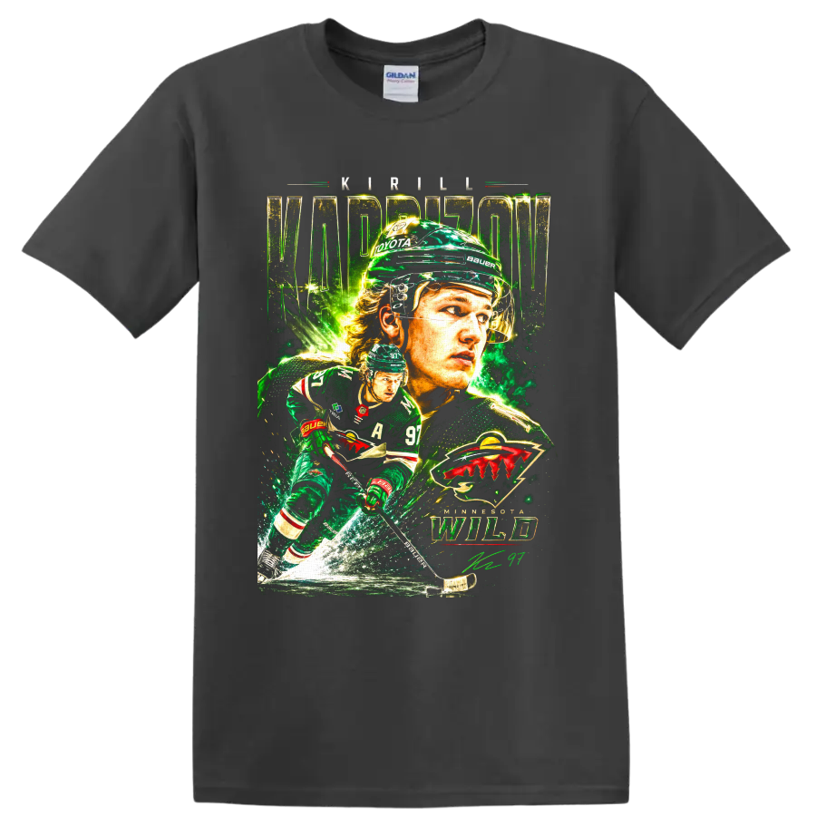 Kirill Kaprizov Minnesota Wild hockey portrait graphic with action player and team emblem on a Charcoal T Shirt