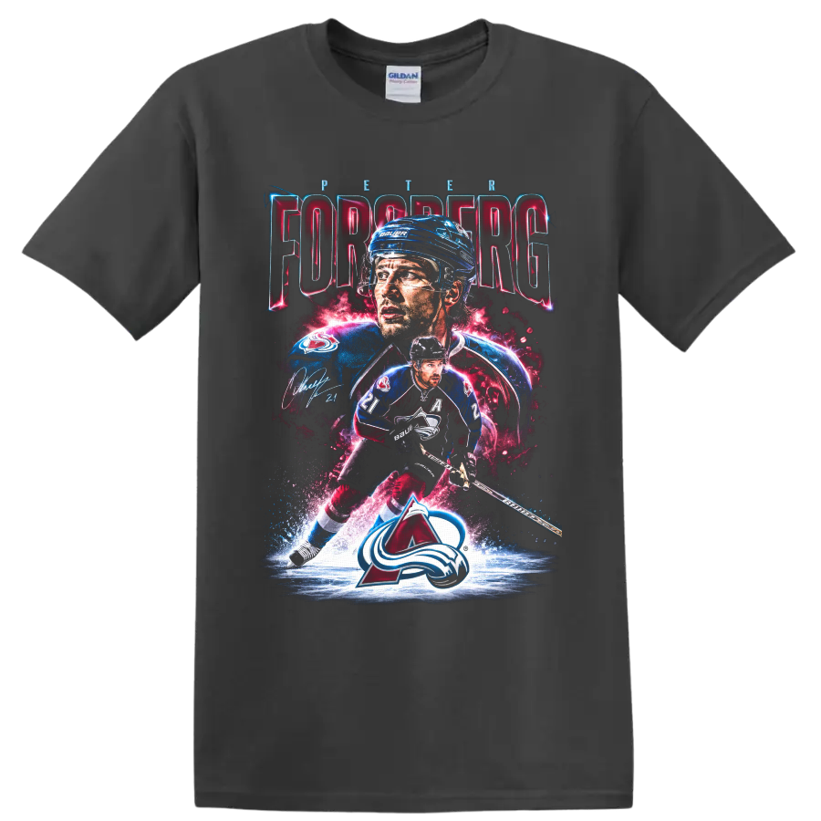 Peter Forsberg Colorado Avalanche hockey collage with PETER FORSBERG text and number 21 on a Charcoal T Shirt