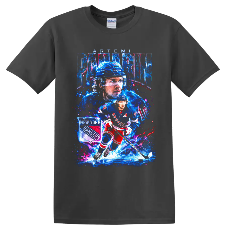 Artemi Panarin New York Rangers hockey action graphic with number 10 and ice effects on a Charcoal T Shirt