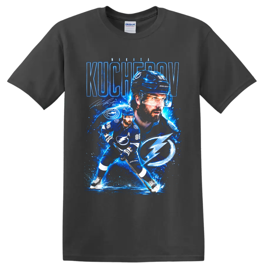 Nikita Kucherov Tampa Bay Lightning electric blue hockey portrait and action graphic on a Charcoal T Shirt