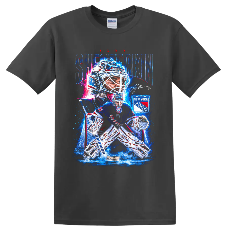 Igor Shesterkin New York Rangers goalie graphic with rink action and team crest on a Charcoal T Shirt