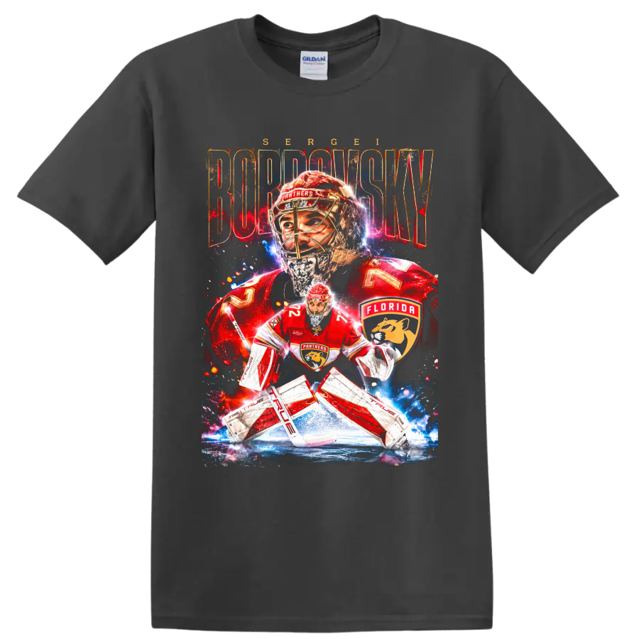 Sergei Bobrovsky Florida Panthers goaltender graphic with distressed name lettering on a Charcoal T Shirt