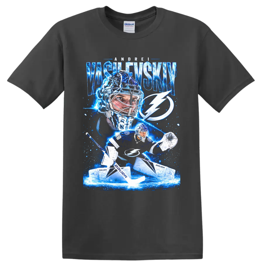 Andrei Vasilevskiy Tampa Bay Lightning goalie graphic with electric blue ice effects on a Charcoal T Shirt