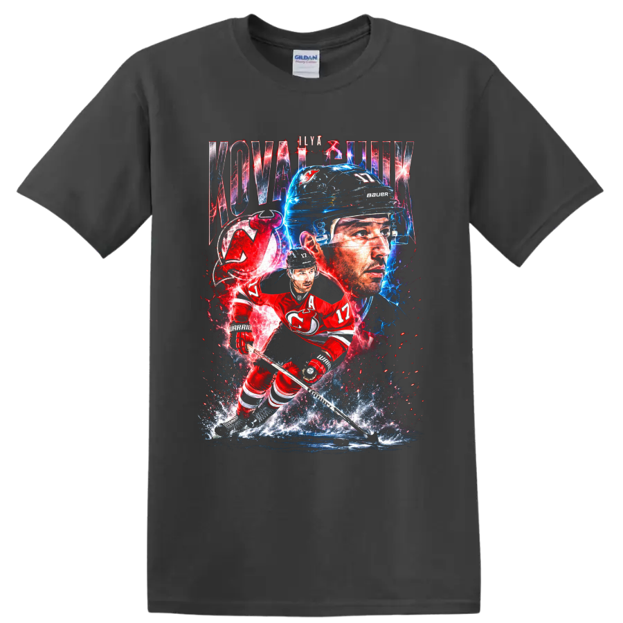 Ilya Kovalchuk New Jersey Devils electric hockey portrait and skating action art on a Charcoal T Shirt