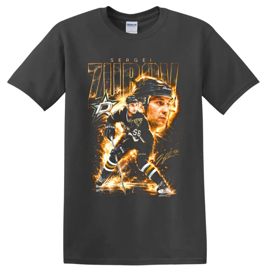 Sergei Zubov Dallas Stars hockey action portrait graphic with number 56 on a Charcoal T Shirt