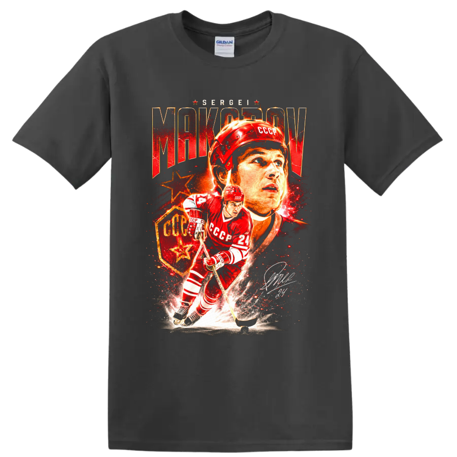Sergei Makarov CCCP hockey portrait and number 24 action graphic on a Charcoal T Shirt