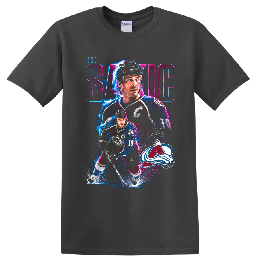 Joe Sakic Colorado Avalanche hockey collage with neon action effects and number 19 on a Charcoal T Shirt