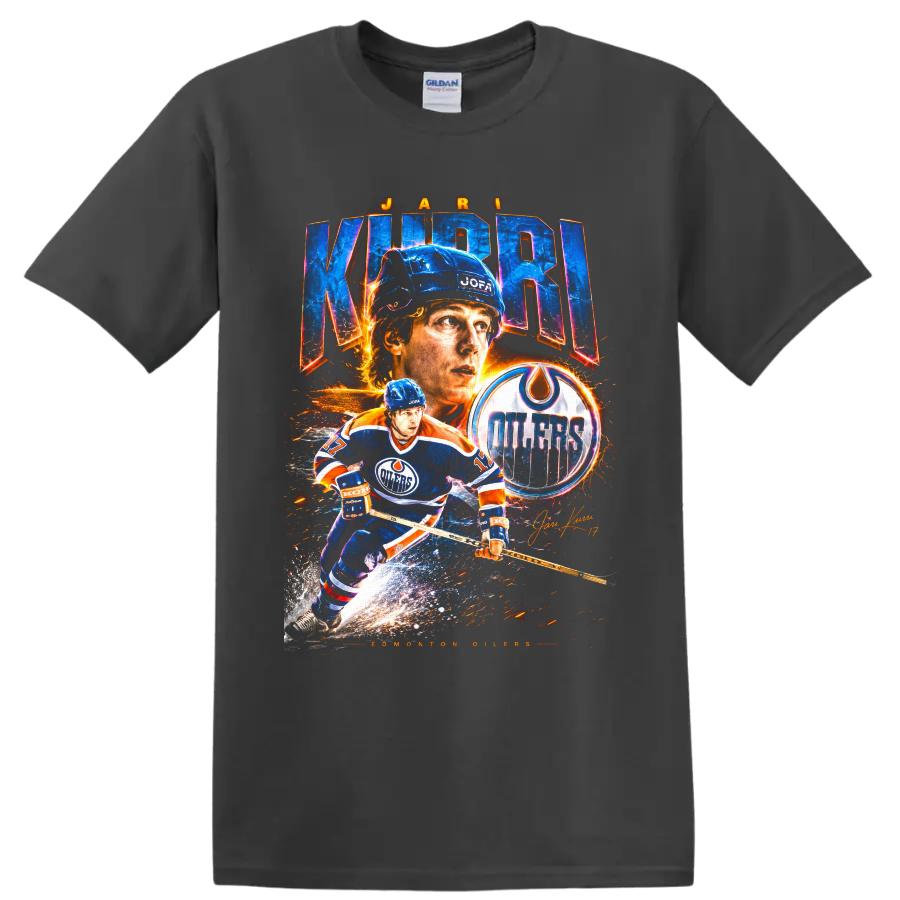 Jari Kurri Edmonton Oilers vintage-style hockey collage with team logo and signature on a Charcoal T Shirt