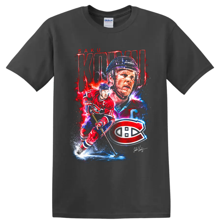Saku Koivu Canadiens hockey graphic with action pose, portrait, KOIVU text and team emblem on a Charcoal T Shirt