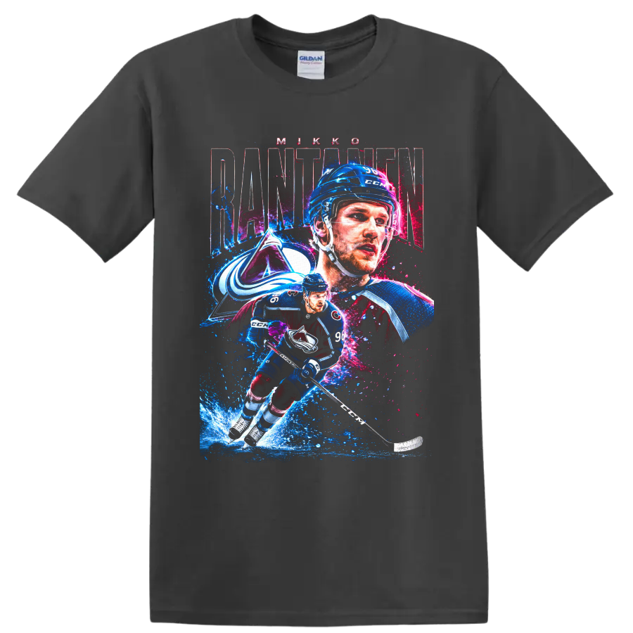 Mikko Rantanen Colorado Avalanche action hockey graphic with number 96 on a Charcoal T Shirt