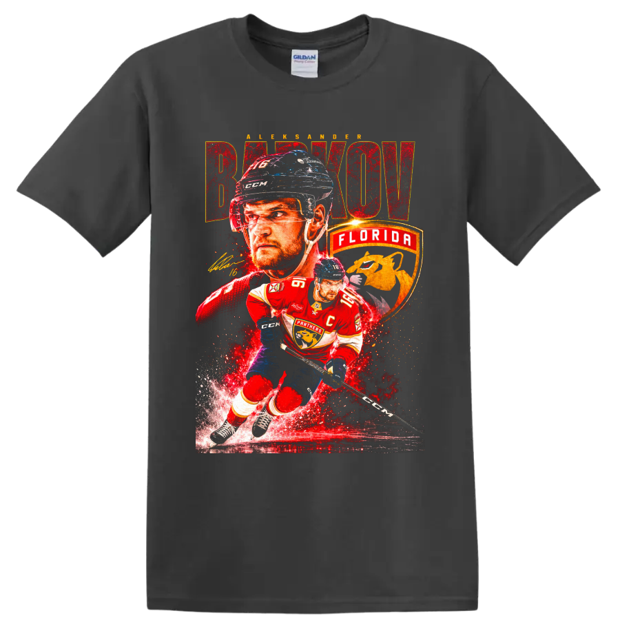 Aleksander Barkov Florida Panthers captain hockey collage with bold BARKOV lettering on a Charcoal T Shirt