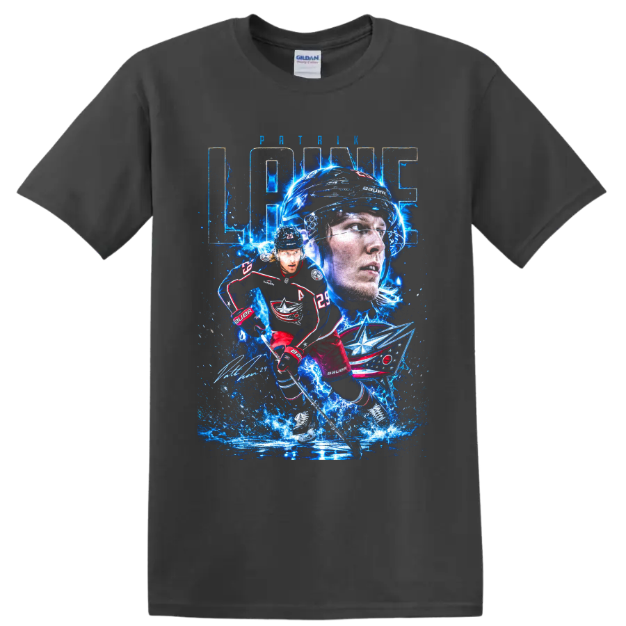 Patrik Laine Blue Jackets electric ice hockey portrait and action graphic on a Charcoal T Shirt