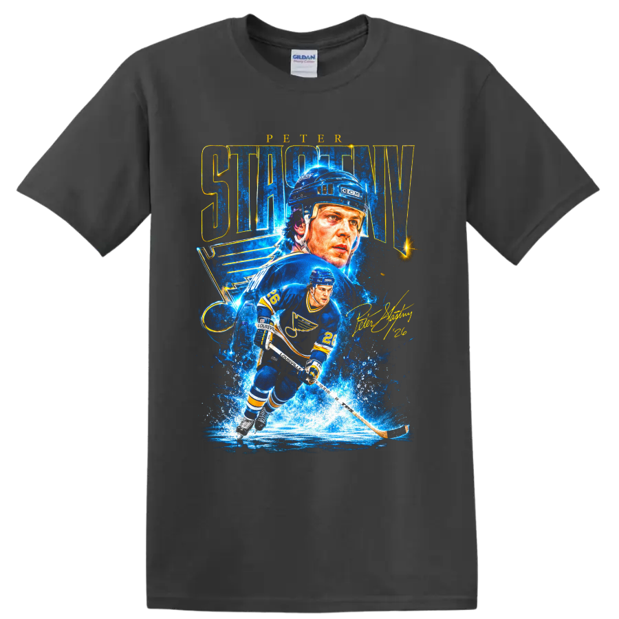 Peter Stastny St. Louis Blues hockey portrait and skating action graphic with #26 on a Charcoal T Shirt
