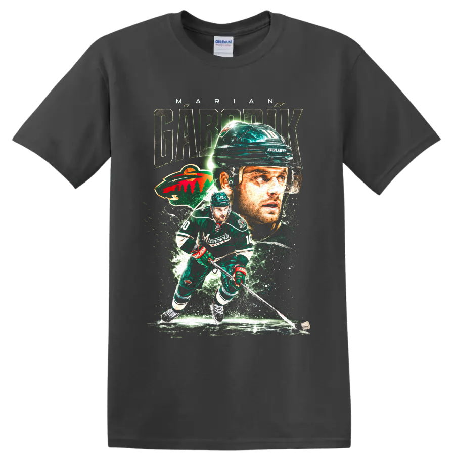 Marian Gaborik Minnesota Wild hockey action collage graphic with number 10 on a Charcoal T Shirt