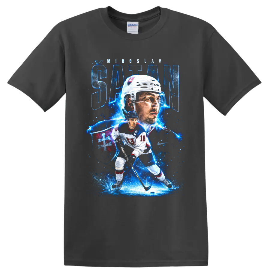 Miroslav Satan Slovakia hockey captain 18 electric blue graphic print on a Charcoal T Shirt