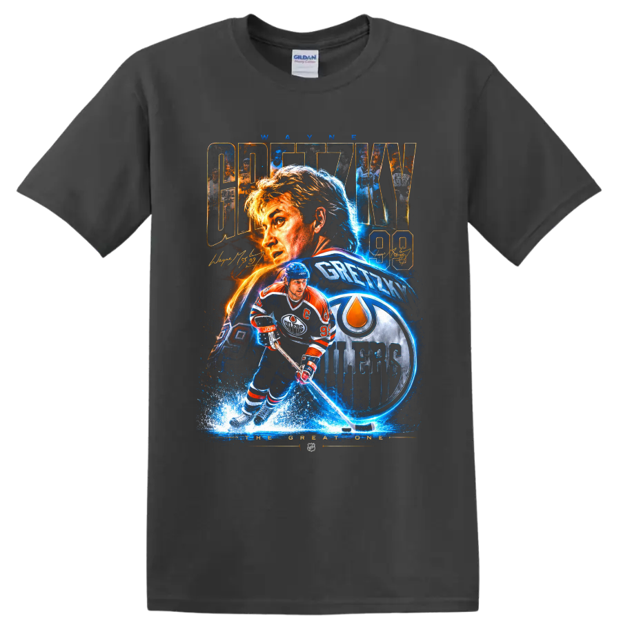 Wayne Gretzky Oilers 99 hockey collage with action art and The Great One text on a Charcoal T Shirt