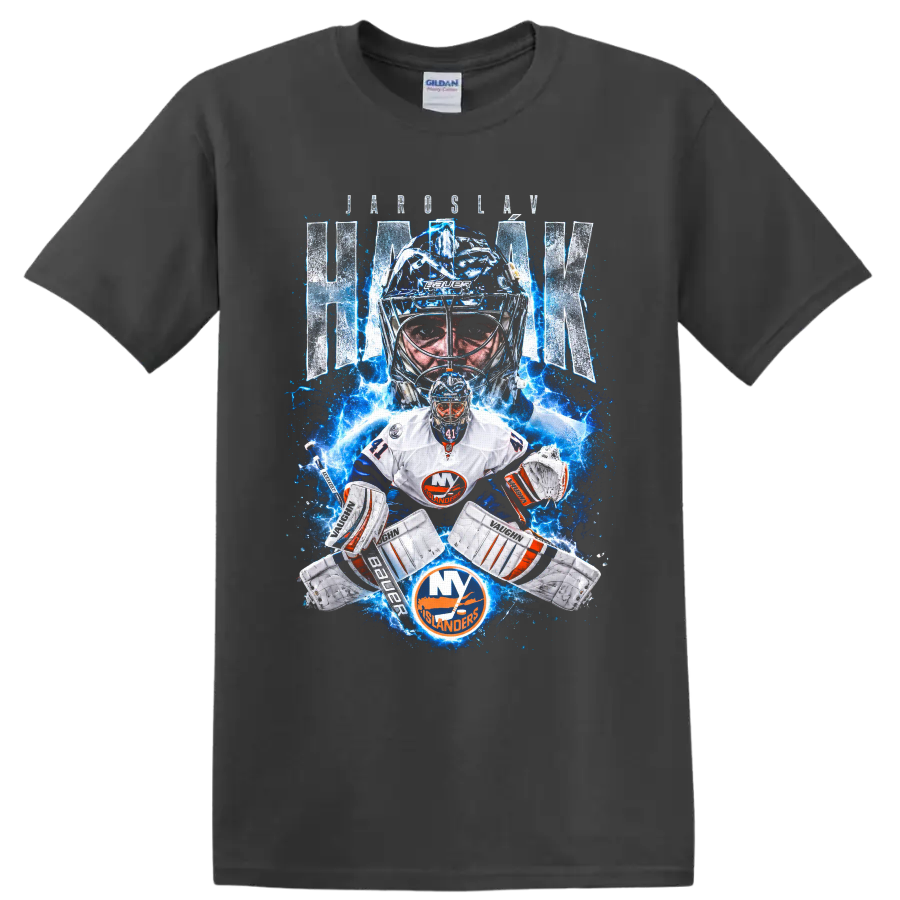 Jaroslav Halak New York Islanders goalie graphic with lightning and distressed name text on a Charcoal T Shirt