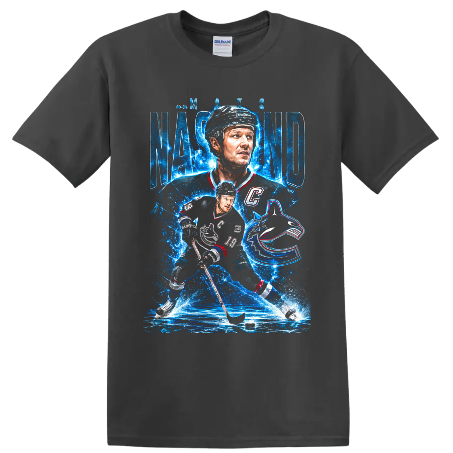 Markus Naslund hockey portrait and action graphic with icy blue Canucks-inspired design on a Charcoal T Shirt