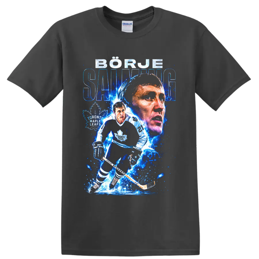 Börje Salming Toronto Maple Leafs hockey tribute with portrait and skating action on a Charcoal T Shirt