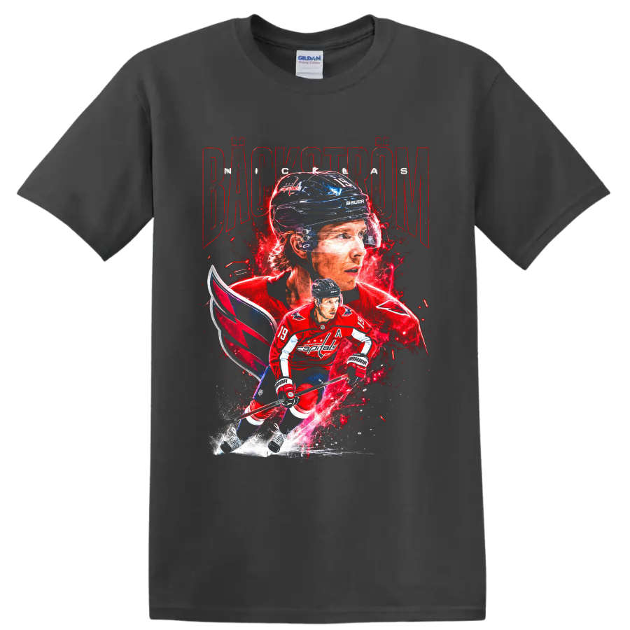 Nicklas Backstrom Washington Capitals hockey portrait and skating action graphic on a Charcoal T Shirt