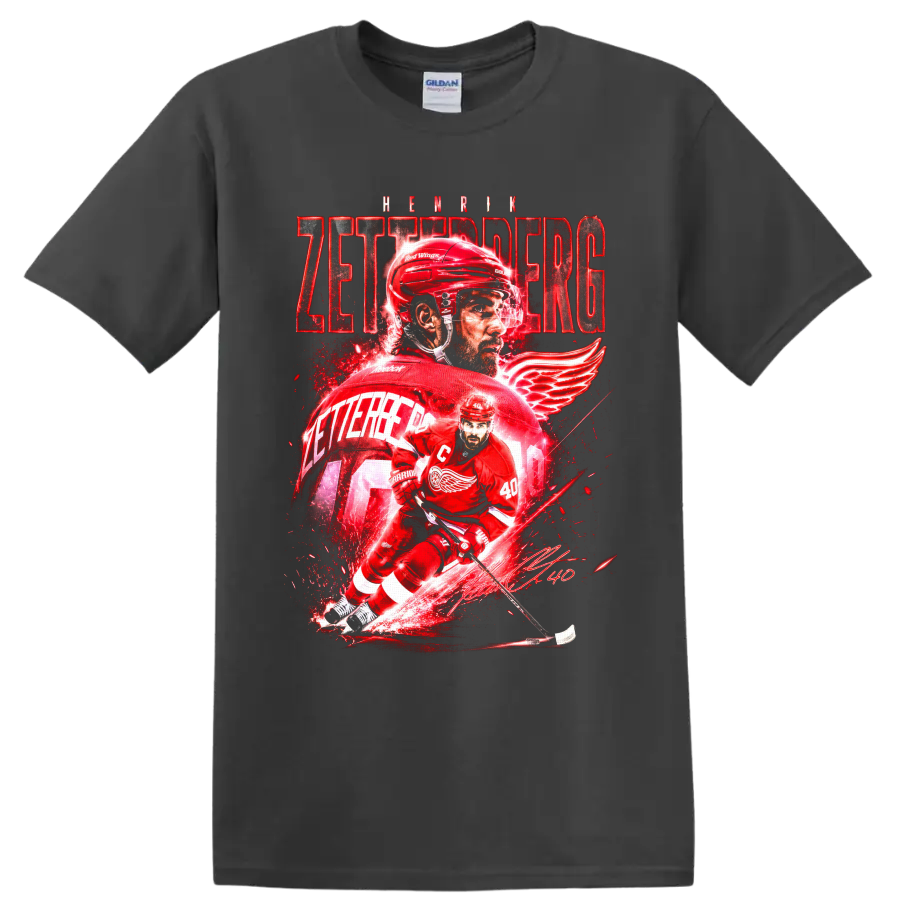 Henrik Zetterberg Red Wings number 40 hockey action graphic with bold red lettering on a Charcoal T Shirt