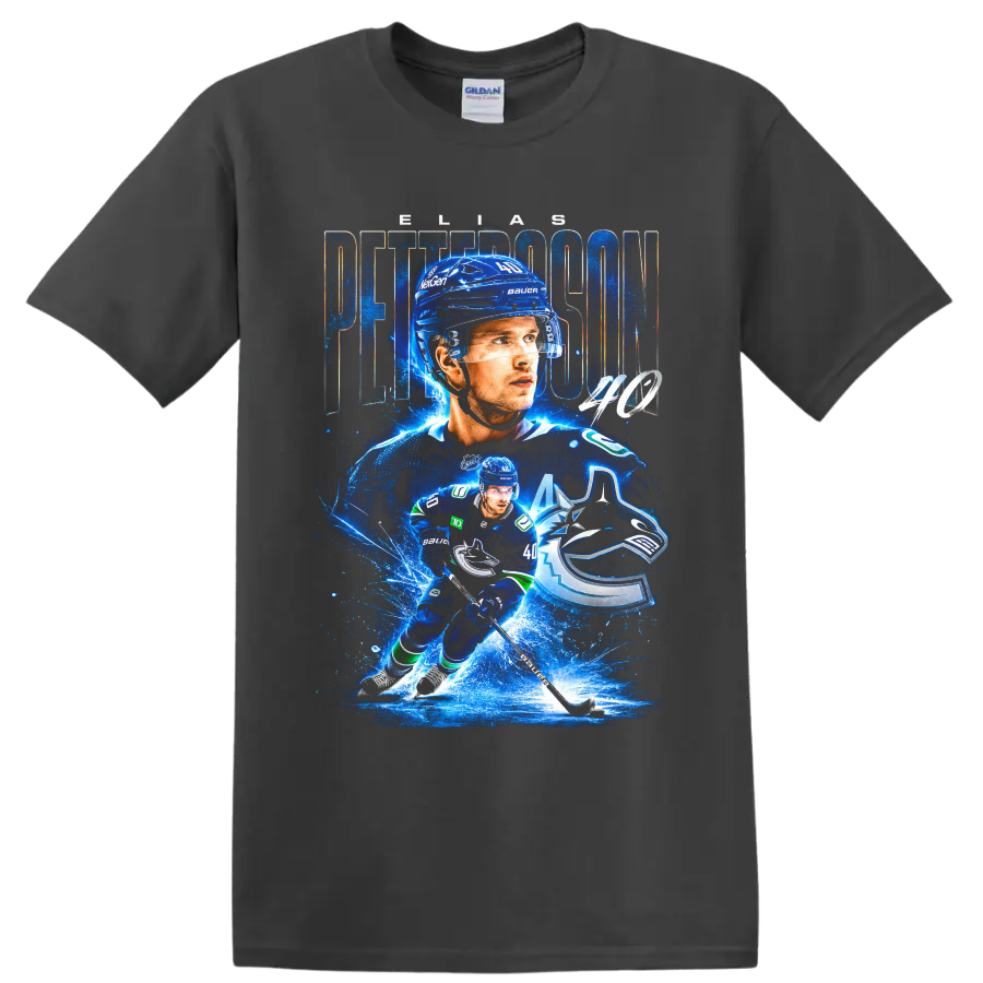 Elias Pettersson Vancouver Canucks blue hockey collage with number 40 and team logo on a Charcoal T Shirt