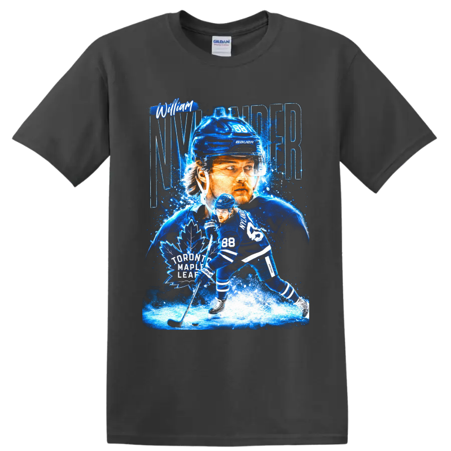 William Nylander Toronto Maple Leafs number 88 electric blue hockey graphic on a Charcoal T Shirt