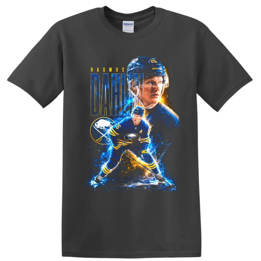 Rasmus Dahlin Buffalo Sabres hockey collage with bold name lettering and electric ice on a Charcoal T Shirt