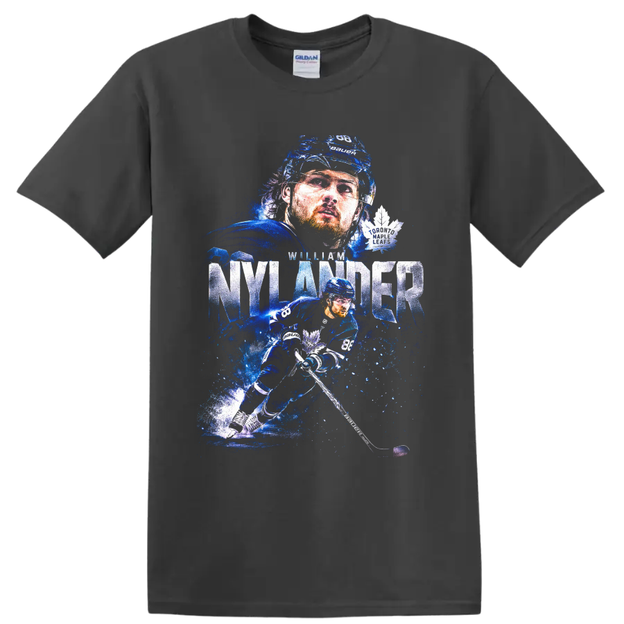 William Nylander Toronto Maple Leafs icy blue hockey action graphic with No. 88 on a Charcoal T Shirt