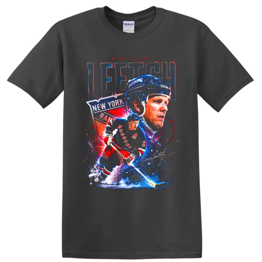 Brian Leetch New York Rangers retro hockey collage with action pose and signature on a Charcoal T Shirt