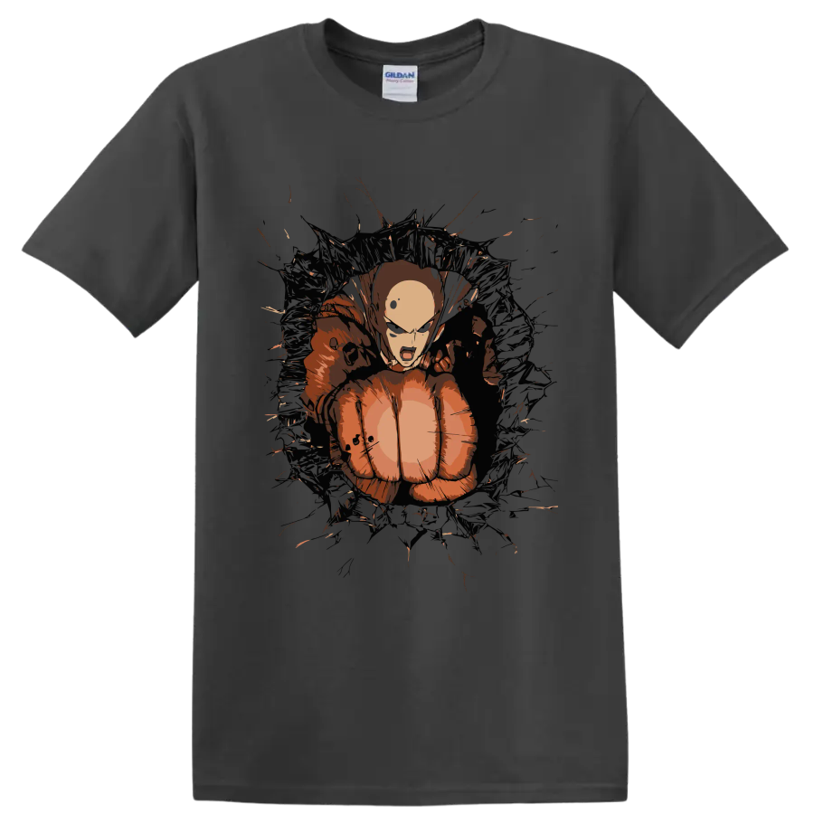 Saitama in a distressed anime action graphic from One-Punch Man on a Charcoal T Shirt