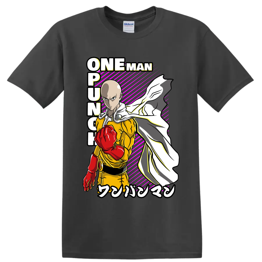 Saitama One-Punch Man action graphic with red glove, flowing cape, and magenta stripes on a Charcoal T Shirt