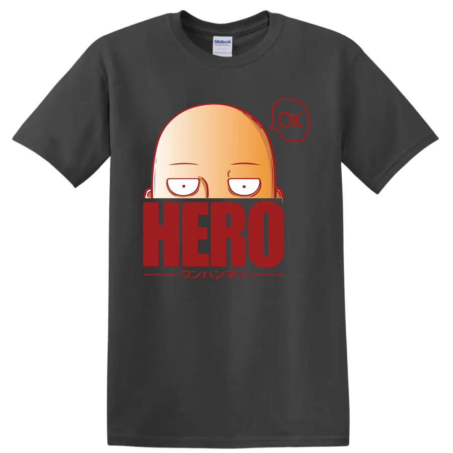 Saitama peeking over HERO lettering in a bold One-Punch Man cartoon graphic on a Charcoal T Shirt