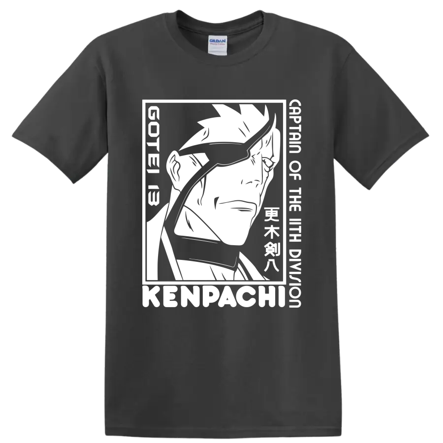 Kenpachi Zaraki black-and-white manga-style swordsman portrait graphic on a Charcoal T Shirt