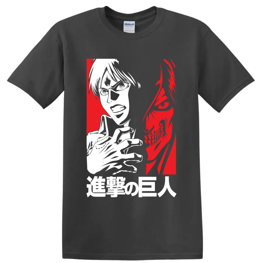 Eren Yeager and Attack Titan split-profile anime graphic on a Charcoal T Shirt