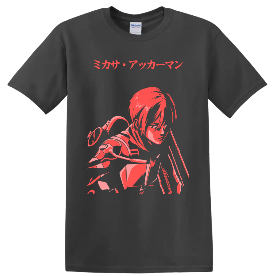 Mikasa Ackerman Attack on Titan red and pink anime action graphic with Japanese text on a Charcoal T Shirt