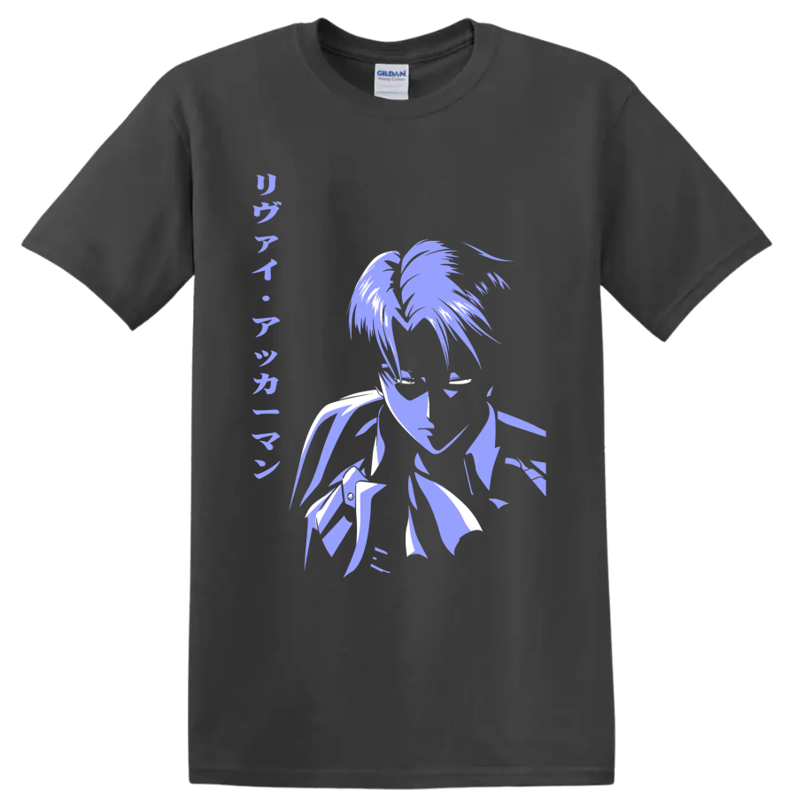 Levi Ackerman lavender and white manga-style portrait graphic from Attack on Titan on a Charcoal T Shirt