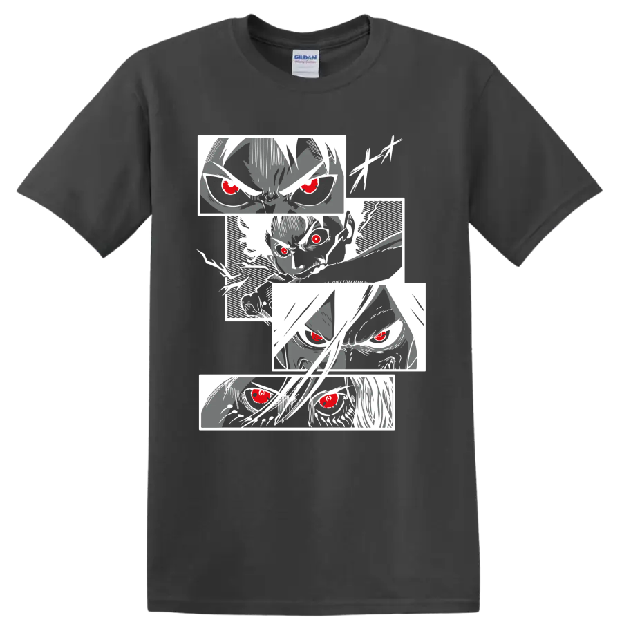 Eren Yeager Attack on Titan manga portrait collage with intense red-eyed faces on a Charcoal T Shirt