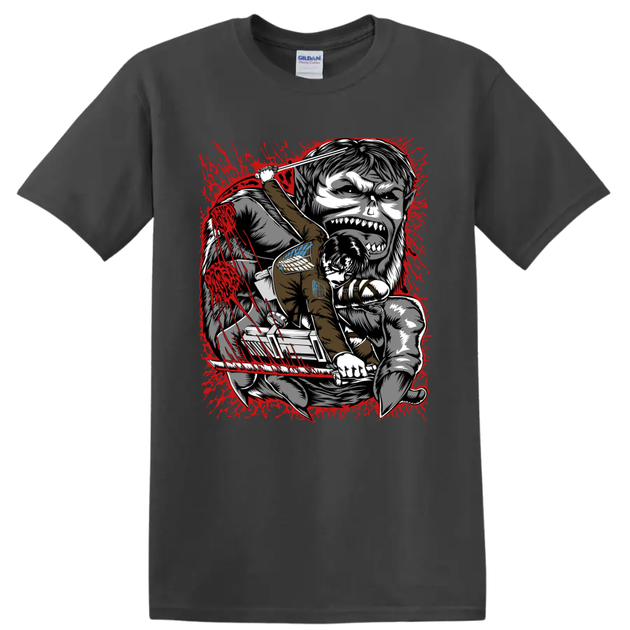 Levi Ackerman battling the Beast Titan in red splatter Attack on Titan manga art on a Charcoal T Shirt