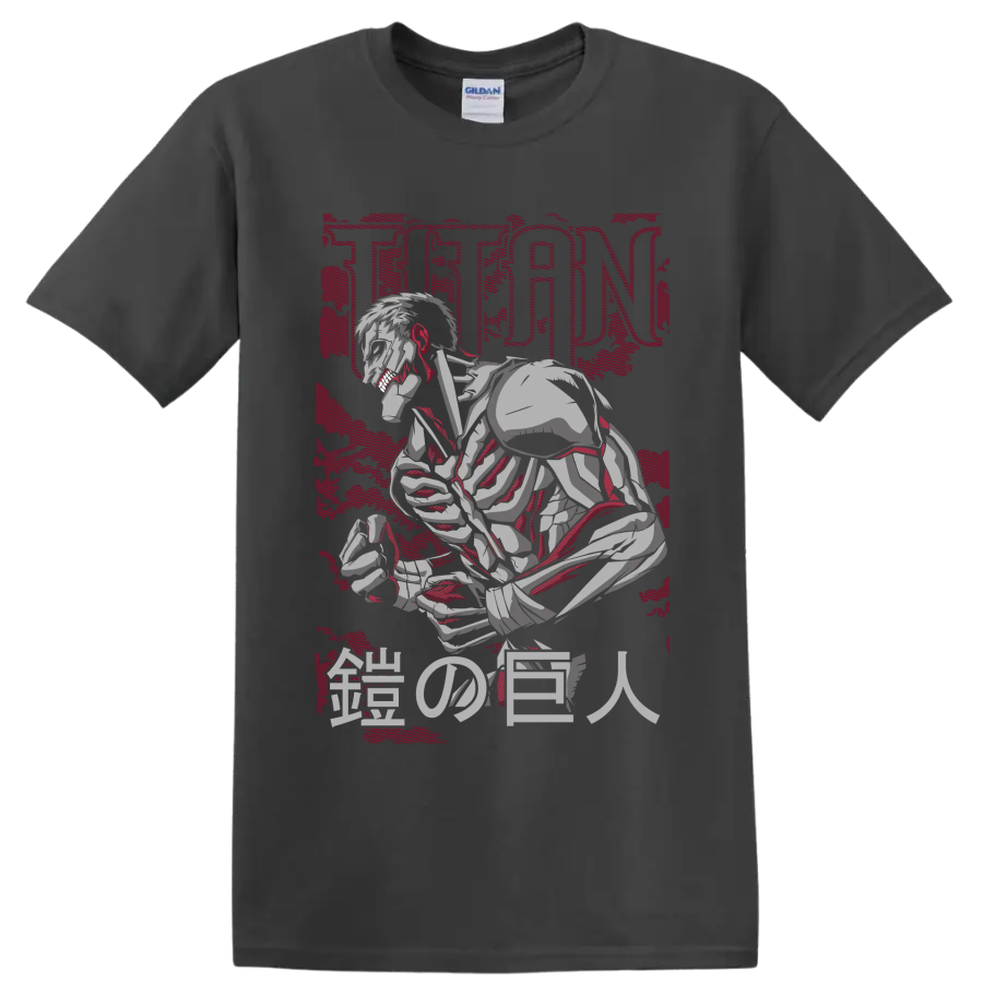 Armored Titan crouching in distressed manga art with TITAN and Japanese characters on a Charcoal T Shirt