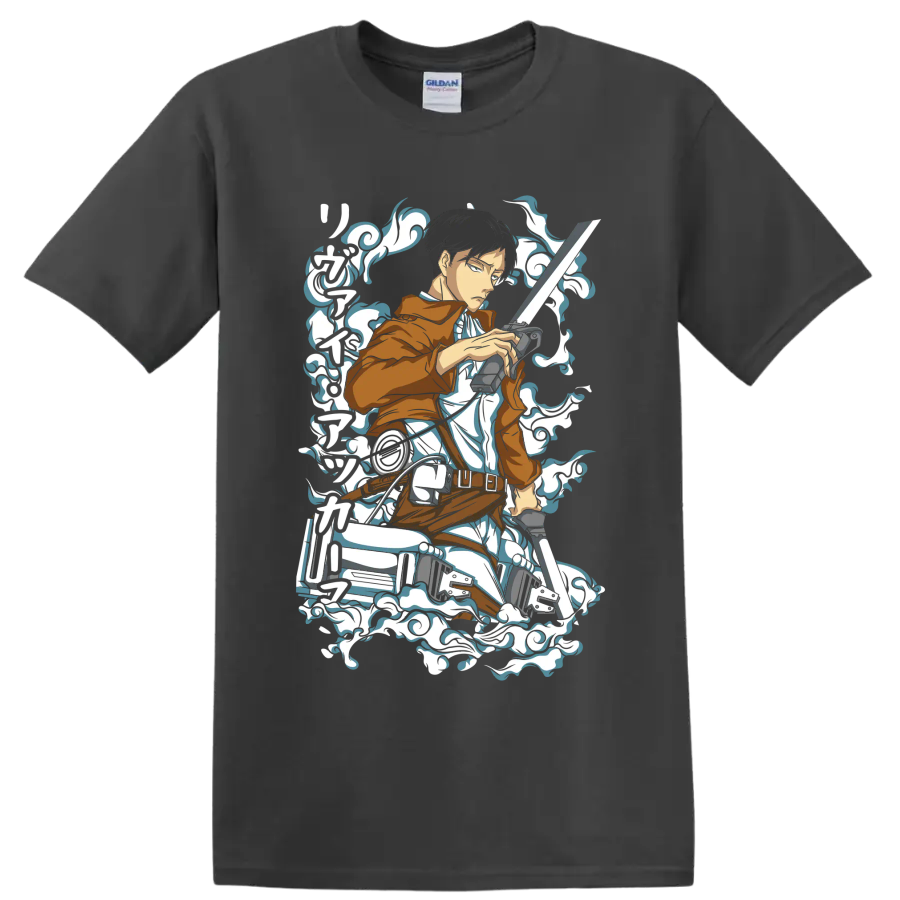 Levi Ackerman Scout Regiment action graphic with blades and swirling smoke accents on a Charcoal T Shirt