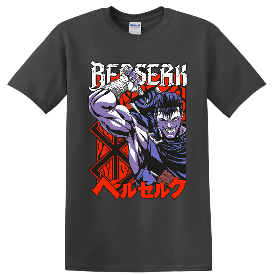 Guts from Berserk wielding a massive sword in bold gothic anime art on a Charcoal T Shirt