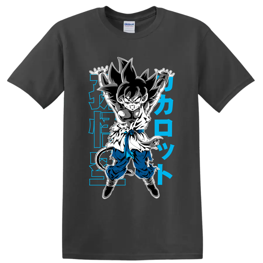 Kid Goku in a Genki Dama-inspired manga action pose with blue Japanese-style characters on a Charcoal T Shirt