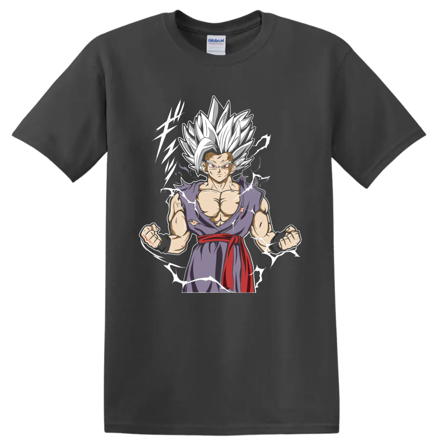 Gohan Beast anime graphic with white hair, torn purple gi, red sash, and energy accents on a Charcoal T Shirt