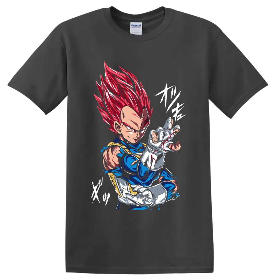 Vegeta Super Saiyan God in a fierce red-haired anime battle pose on a Charcoal T Shirt